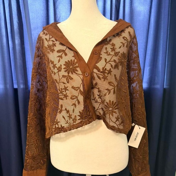 NWT Jason Wu Sheer Lace Top Brown Long Sleeve Button Up Small